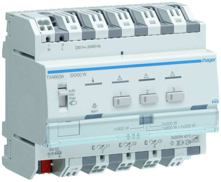 Attuatore-variatore AMD Hager TXA663A KNX easy 3×300W 6UM 