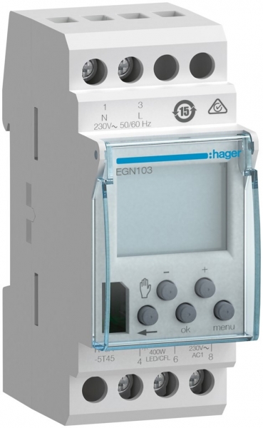 Interrupteur horaire Hager digital hebdo confort 1 canal 1 inverseur 10A 2 UM 