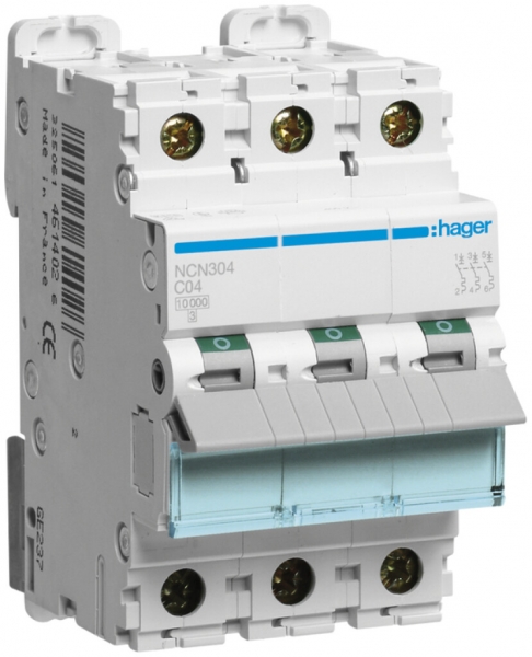 Disgiuntore Hager MCB 3P 415V tipo C 4A Icn 10kA 3UM 