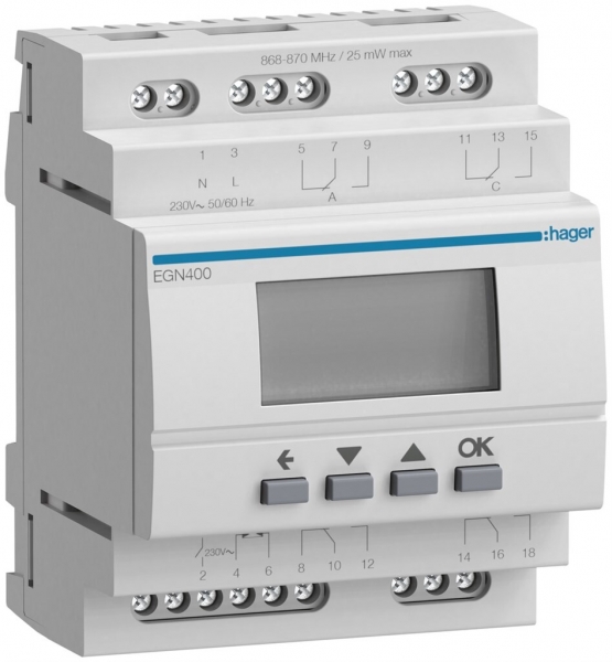 Interrupteur horaire Hager digital multifonction 4 can. Bluetooth 4 inv.16A 2UM 