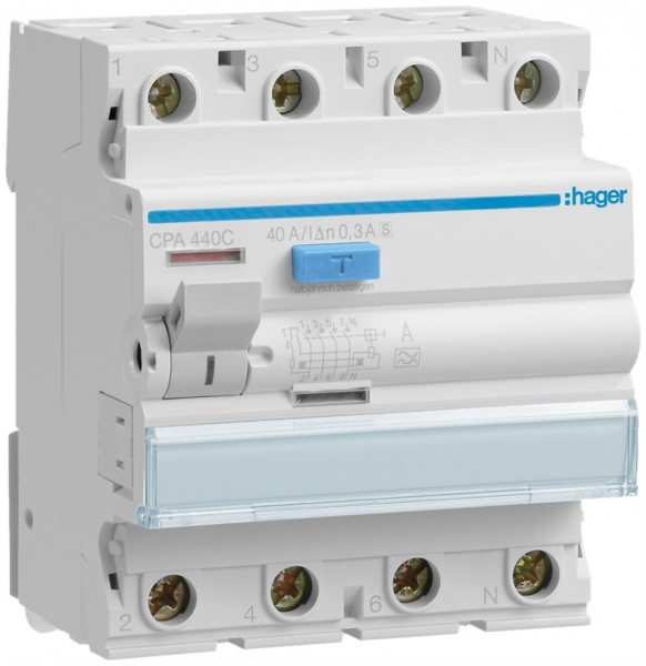 Interruttore differenziale Hager RCCB (RCD) 4P 400V 0.3A tipo A S 40A 4UM 