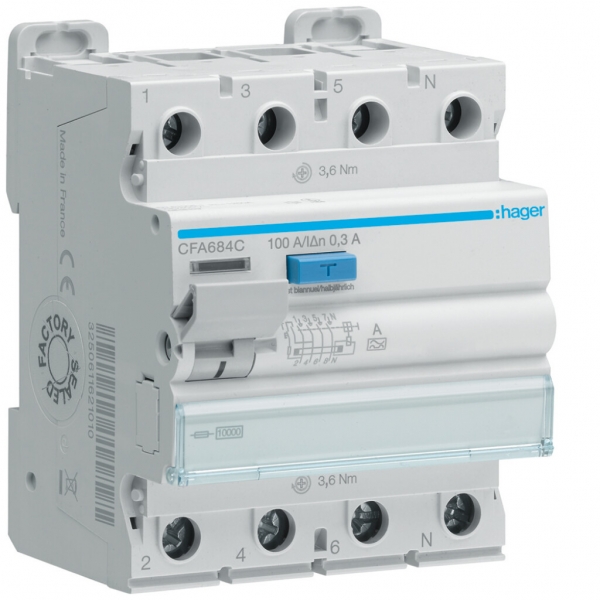 Interruttore differenziale Hager RCCB (RCD) 4P 400V 0.3A tipo A 100A 10kA 4UM 