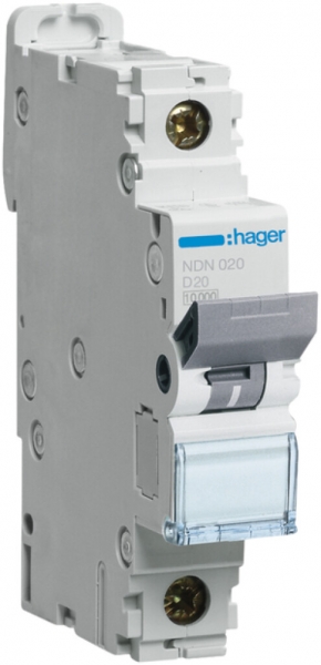 Disjoncteur Hager MCB 1P 230V type D 20A Icn 10kA 1UM 