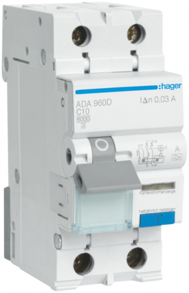 Disgiuntore differenziale Hager RCBO 2P 240V car.C 10A 0.03A tipo A 6kA 2UM 