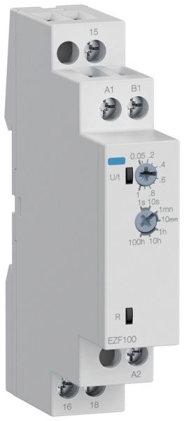 REG-Zeitrelais Hager EZF100, 24…240VUC, 0.05s…100h, 1W 8A/250VAC, 1TE 