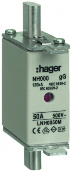 Fusible HPC Hager DIN000 500VAC 50A gG/gL avertisseur double antirouille 