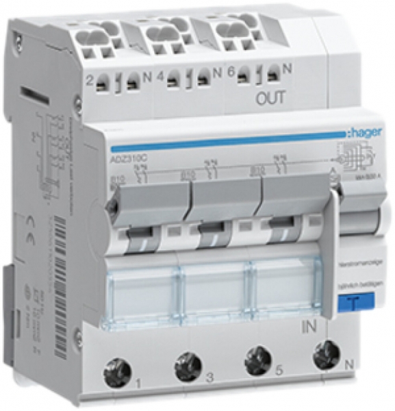 Disjoncteur différentiel Hager RCBO QC 3P+N 400V car.B 10A 0.03A type A 6kA 4UM 