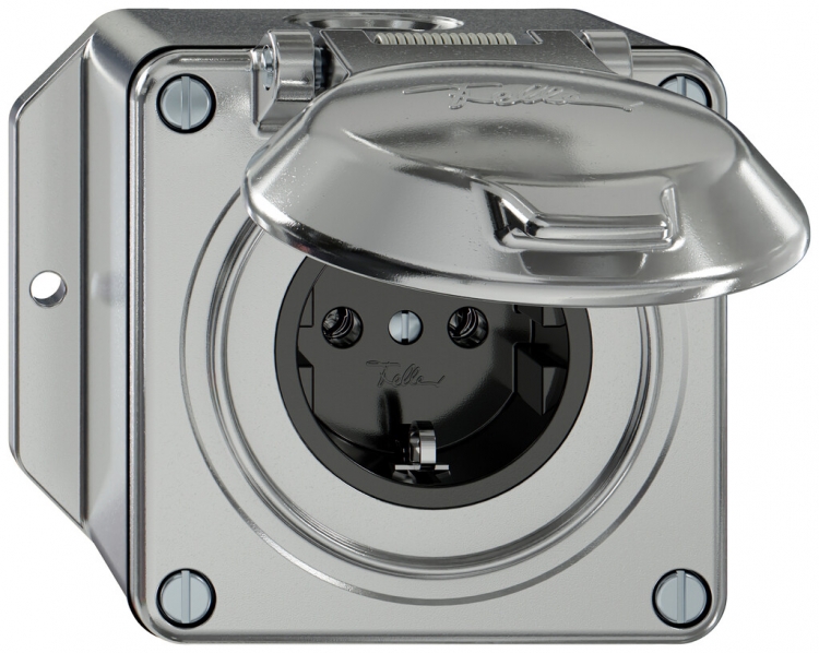 Prise AP ELEMENT SNAPFIX® SCHUKO 16A 250V avec clapet IP44 alu 