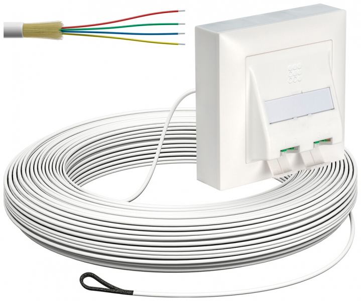 Scatola svolgicavo FTTH kit AP 2×LC-DX 2.3mm 20m weiss B2ca 