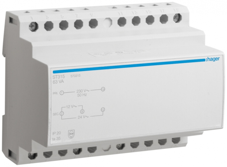 Piccolo trasformatore AMD Hager 63W 12V 24V 5.25A 2.63A 6UM 