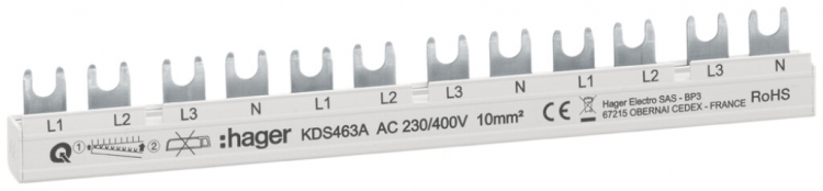 Pettine di raccordo Hager QC 4P 3L 10mm² 63A 215×3mm L1L2L3N-L1L2L3N-L1L2L3N 