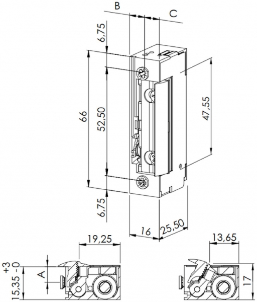 Türöffner BSW B3010--L, 22…48VUC, stromlos geschlossen, Radiusfalle 