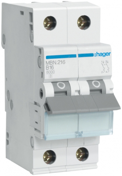 Disjoncteur Hager MCB 2P 415V type B 16A Icn 6kA 2UM 
