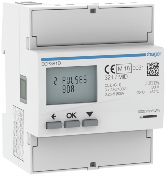 Contatore energia AMD HA ECP381D 3P diretto 80A Impuls S0 MID import+export 2T 