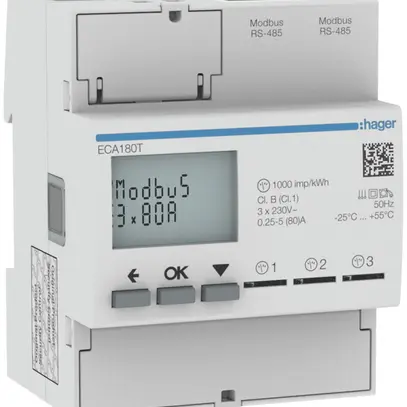 Compteur d'énergie AMD HA ECA180T 3×1P direct 80A Modbus RJ45 imp.+exp.2T+8T 