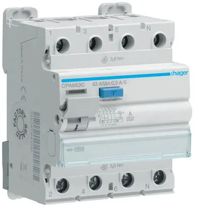 Interrupteur différentiel Hager RCCB (RCD) 4P 400V 0.3A type A S 63A 10kA 4UM 