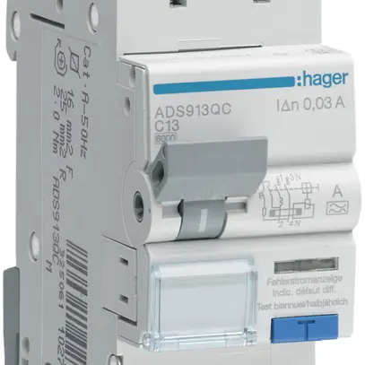 FI/LS-Schalter Hager RCBO QC 2P 230V Char.C 13A 0.03A Typ A 6kA 2TE 