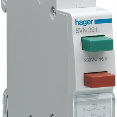 Poussoir INC Hager 16A 230V 1F 1 ouvreur 0 inverseur bouton rouge/vert 1UM 