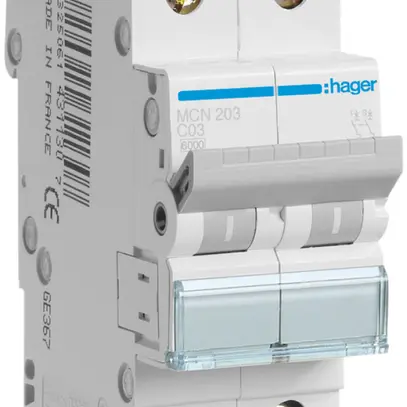 Disjoncteur Hager MCB 2P 415V type C 3A Icn 6kA 2UM 