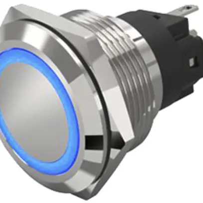 Tasto a pulsante luminoso EAO 82 1COM 24V raccordo spina piat.Ø22mm cliccato blu 