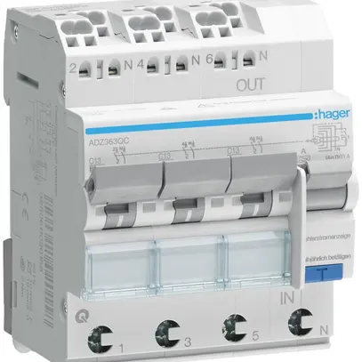 Disjoncteur différentiel Hager RCBO QC 3P+N 230V car.C 13A 0.03A type A 6kA 4UM 