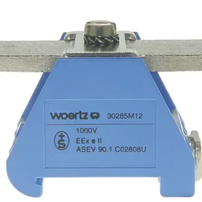 Borne de passage joignable Woertz 240mm² 415A 750V boulon 2×1 rail DIN 35mm bl 