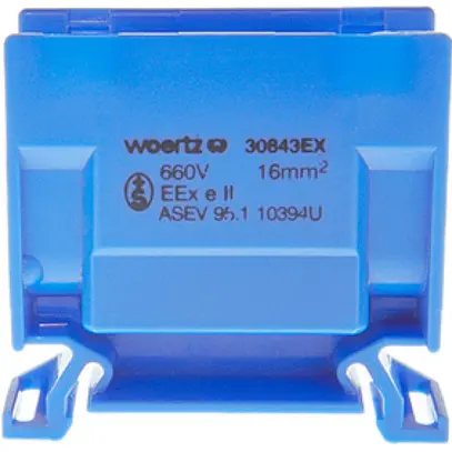 Morsetto di derivazione Woertz Ex 6…16mm² 76A 750V vite 2×1 guida DIN 35mm bl 