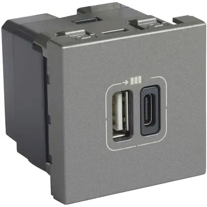 Prise de charge USB INC MOS 1×type-A + 1×type-C, 3A 5V=15W, 2 modules, magnésium 