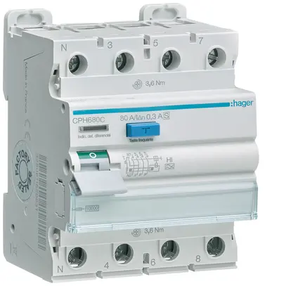 Fehlerstrom-Schutzschalter Hager RCCB (RCD) 4P 400V 0.3A Typ A HI S 80A 10kA 4TE 