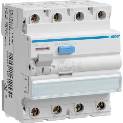 Fehlerstrom-Schutzschalter Hager RCCB (RCD) 4P 400V 0.03A Typ A 63A 4TE 