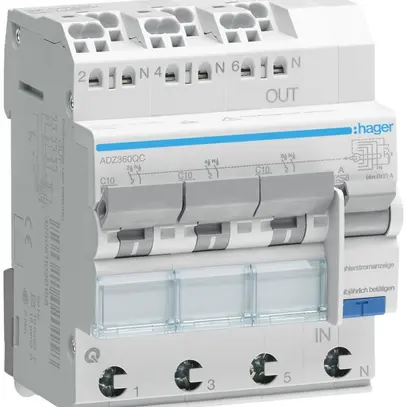 Disgiuntore differenziale Hager RCBO QC 3P+N 230V car.C 10A 0.03A tipo A 6kA 4UM 