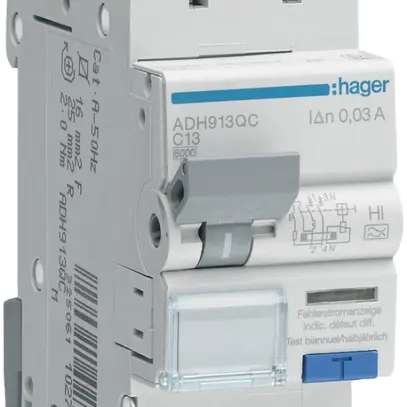 Disjoncteur différentiel Hager RCBO QC 2P 230V car.C 13A 0.03A 6kA 2UM 