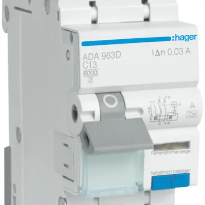 FI/LS-Schalter Hager RCBO 2P 240V Charakteristik C 13A 0.03A Typ A 6kA 2TE 