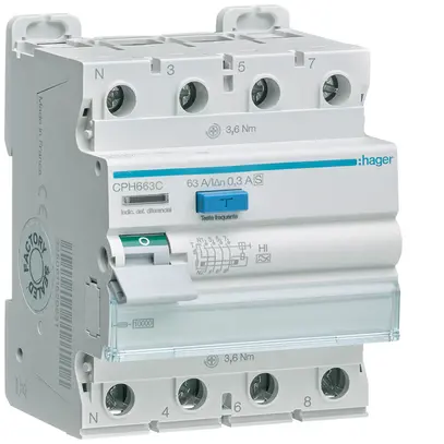 Interrupteur différentiel Hager RCCB (RCD) 4P 400V 0.3A type A HI S 63A 10kA 4UM 