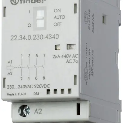 Contacteur AMD Finder 22.32, 230VUC, 4F 25A/440VAC AgSnO2, LED+interrupteur 