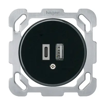 Presa di carica USB INC basico 18W PD 1×tipo A 1×tipo C c.placca fiss. nero 