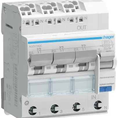 Disjoncteur différentiel Hager RCBO QC 3P+N 230V car.B 13A 0.03A type A 6kA 4UM 