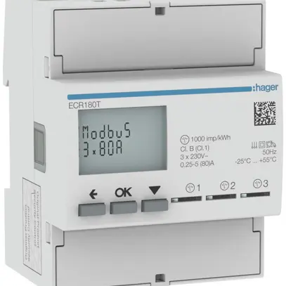 Contatore energia AMD HA ECR180T 3×1P diretto 80A Modbus import+export 2T+8T 