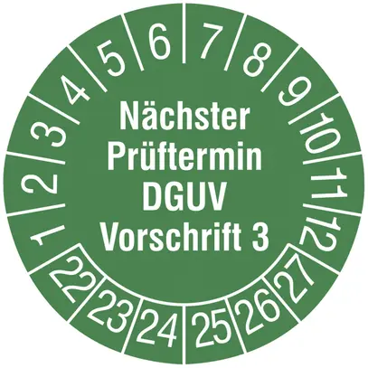 Targhetta di controllo CIMCO "Nächster Prüftermin DGUV V3 2022" Ø20mm verde 