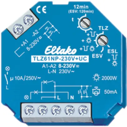 Minuterie p.luminière d'escalier INC Eltako TLZ61NP 8…230V 1F 16A/250V 1…12min 