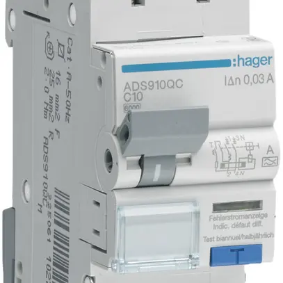 Disgiuntore differenziale Hager RCBO QC 2P 230V car.C 10A 0.03A tipo A 6kA 2UM 
