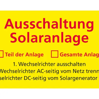 Warnaufkleber Swissolar "Ausschaltung Solaranlage" Deutsch 