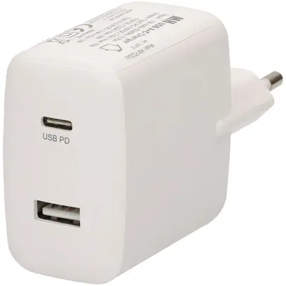 USB-Ladegerät MAX HAURI 1×A+1×C PD 30W 5/9VDC 2.4/2A T26 240VAC weiss 