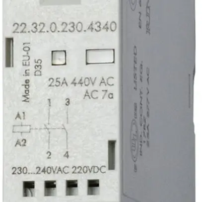 Contattore AMD Finder 22.32, 24VUC, 2Ch 25A/440VAC AgSnO2, LED+interruttore 