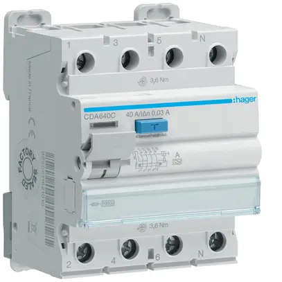 Interrupteur différentiel Hager RCCB (RCD) 4P 400V 0.03A type A 40A 10kA 4UM 