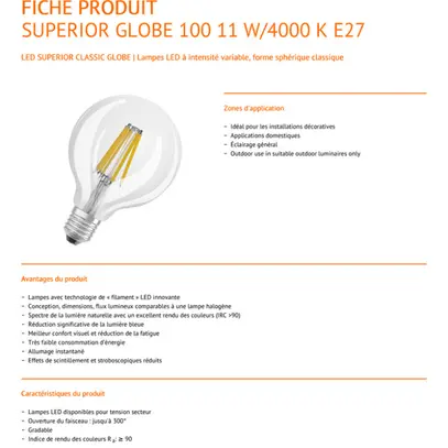 Lampe LED LEDVANCE SUPERIOR GLOBE E27 11W 1521lm 4000K VAR 135mm clair 