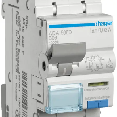 Disgiuntore differenziale Hager RCBO 2P 240V car.B 6A 0.03A tipo A 10kA 2UM 