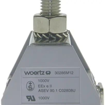 Borne de passage joignable Woertz 240mm² 380A 750V boulon 1×1 rail DIN 35mm bl 