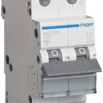 Disgiuntore Hager MCB quickconnect 2P 1 230V tipo C 20A Icn 6kA Icu 10kA 2UM 