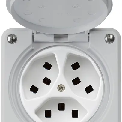 UP-Steckdose Hager robusto, 3×T23, mit Klappdeckel C, grau 